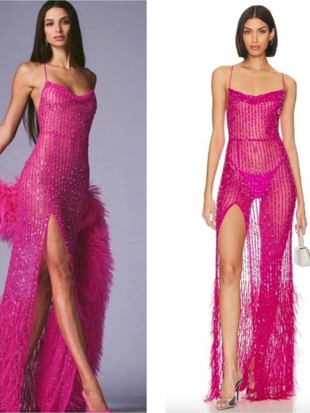 RETROFETE Alessandra Crystal Embellished Feather Hem Sheer Pink Maxi Dress Sz S